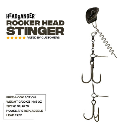 Fishing lure with 'Headbanger Rocker Head Stinger' branding on a white background