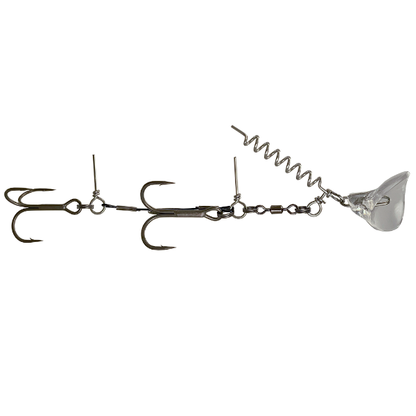 A fishing lure with three dark metal hooks, a coiled spring, a swivel, and a clear plastic diving lip, shown on a plain white background.