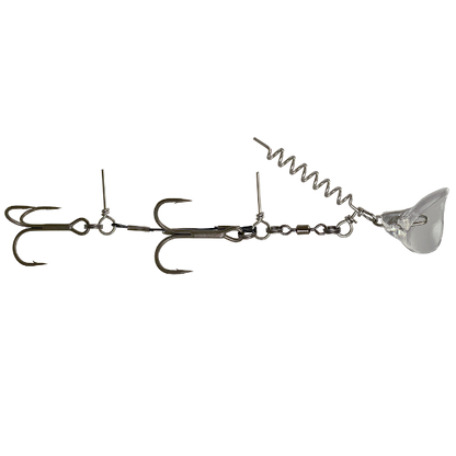 A fishing lure with three dark metal hooks, a coiled spring, a swivel, and a clear plastic diving lip, shown on a plain white background.