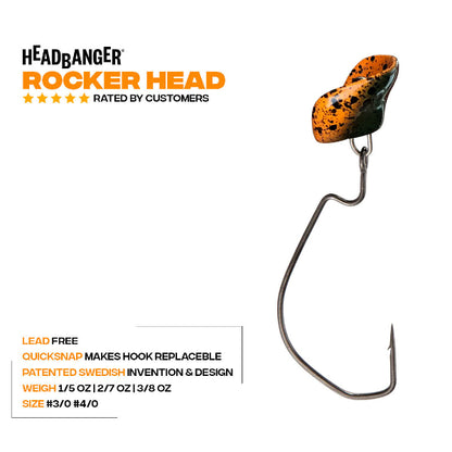 Fishing hook with 'Headbanger Rocker Head' branding on a white background