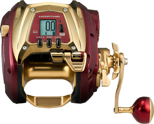 A Megatwin fishing reel with a metallic gold and deep red finish, featuring a digital LCD display screen on the front and a gold handle with a red knob, isolated on a white background.