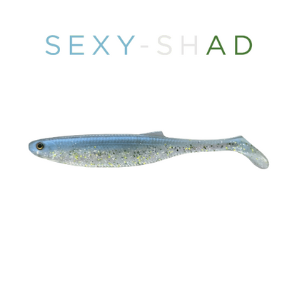 Fishing lure shaped like a shad with 'SEXY-SHAD' text above on a white background