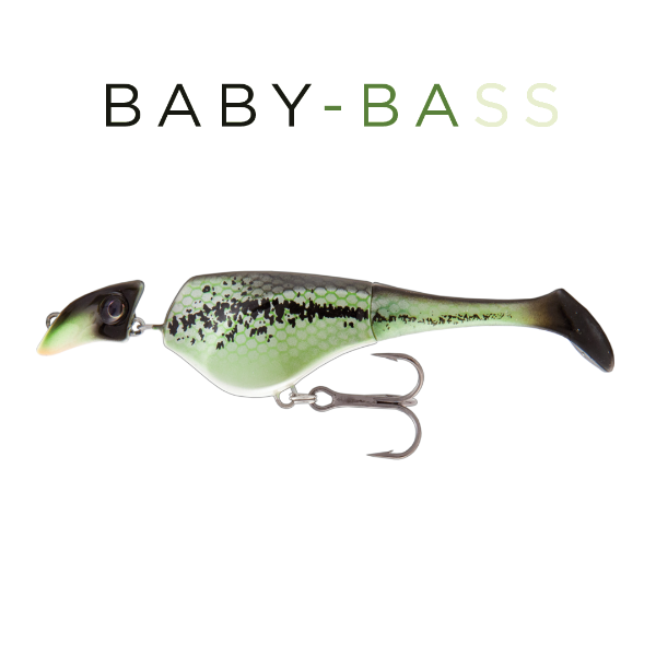 Fishing lure with 'BABY-BASS' text on a white background