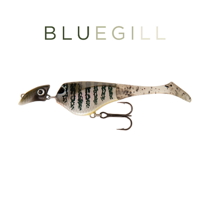 Fishing lure with speckled pattern on a white background, labeled 'Bluegill'.
