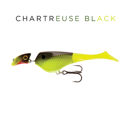 Fishing lure with chartreuse and black color scheme on a white background
