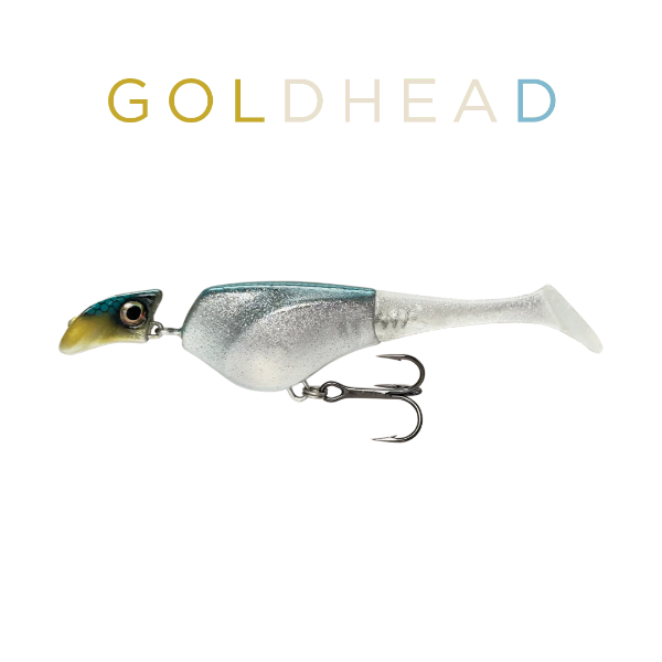 Fishing lure with 'Goldhead' branding on a white background