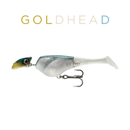 Fishing lure with 'Goldhead' branding on a white background