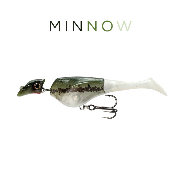 Fishing lure with 'MINNOW' branding on a white background
