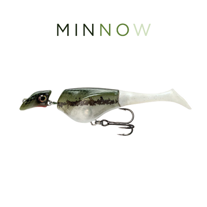 Fishing lure with 'MINNOW' branding on a white background