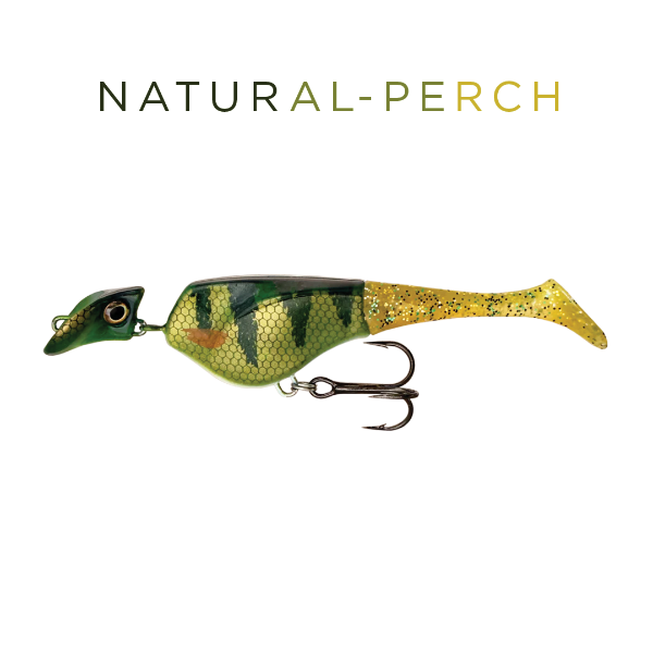 Fishing lure resembling a perch with 'Natural Perch' text above it on a white background