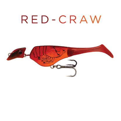 Red craw fishing lure on a white background with 'RED-CRAW' text.