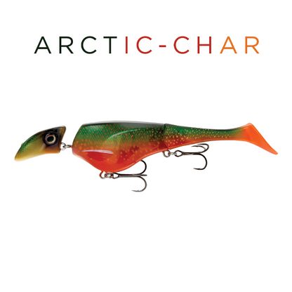 Fishing lure shaped like an arctic char on a white background with 'Arctic Char' text.