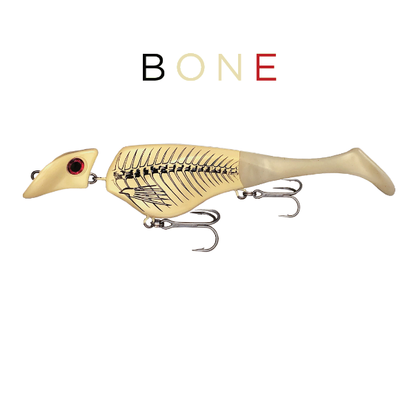 Fishing lure with 'BONE' branding on a white background