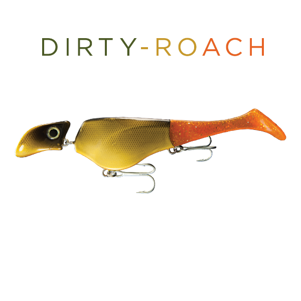 Yellow and orange fishing lure with 'DIRTY-ROACH' text on a white background