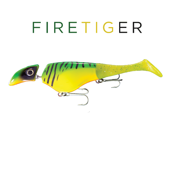 Yellow and green fishing lure with black stripes on a white background, featuring the brand 'Fire Tiger'.