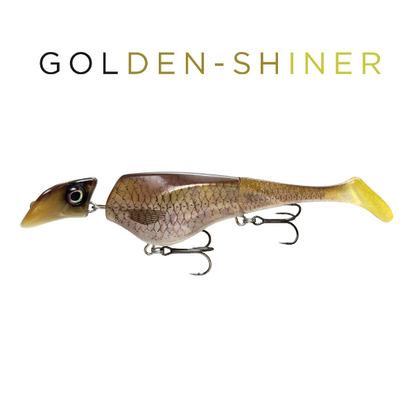 Fishing lure with 'GOLDEN-SHINER' text on a white background