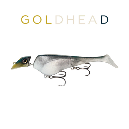 Fishing lure with 'Goldhead' branding on a white background