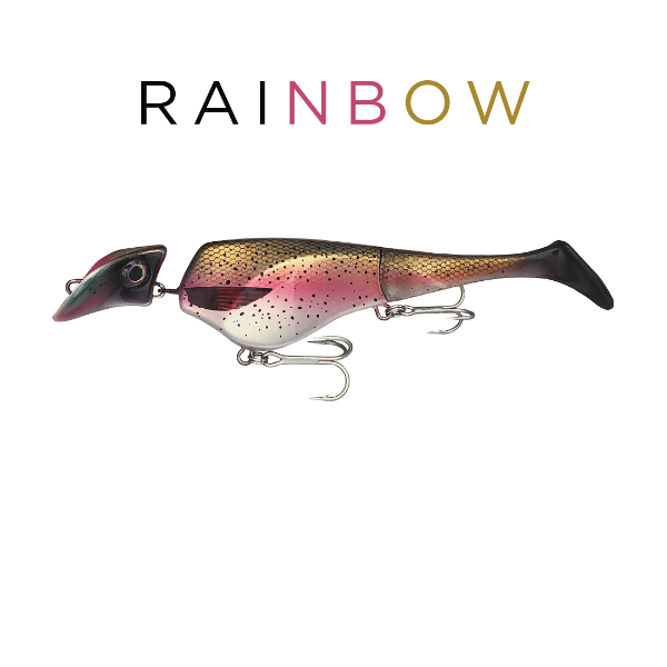 Colorful fishing lure with 'RAINBOW' branding on a white background