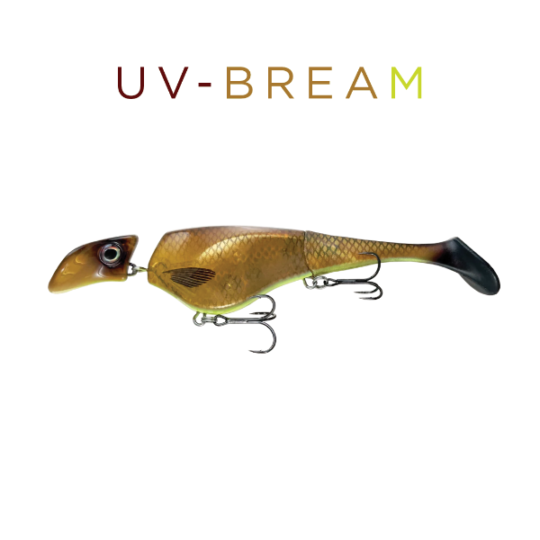 Fishing lure with 'UV-BREAM' branding on a white background
