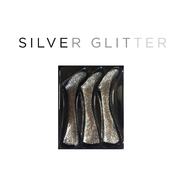Silver glitter high-heeled shoes in a black box on a white background with 'SILVER GLITTER' text.