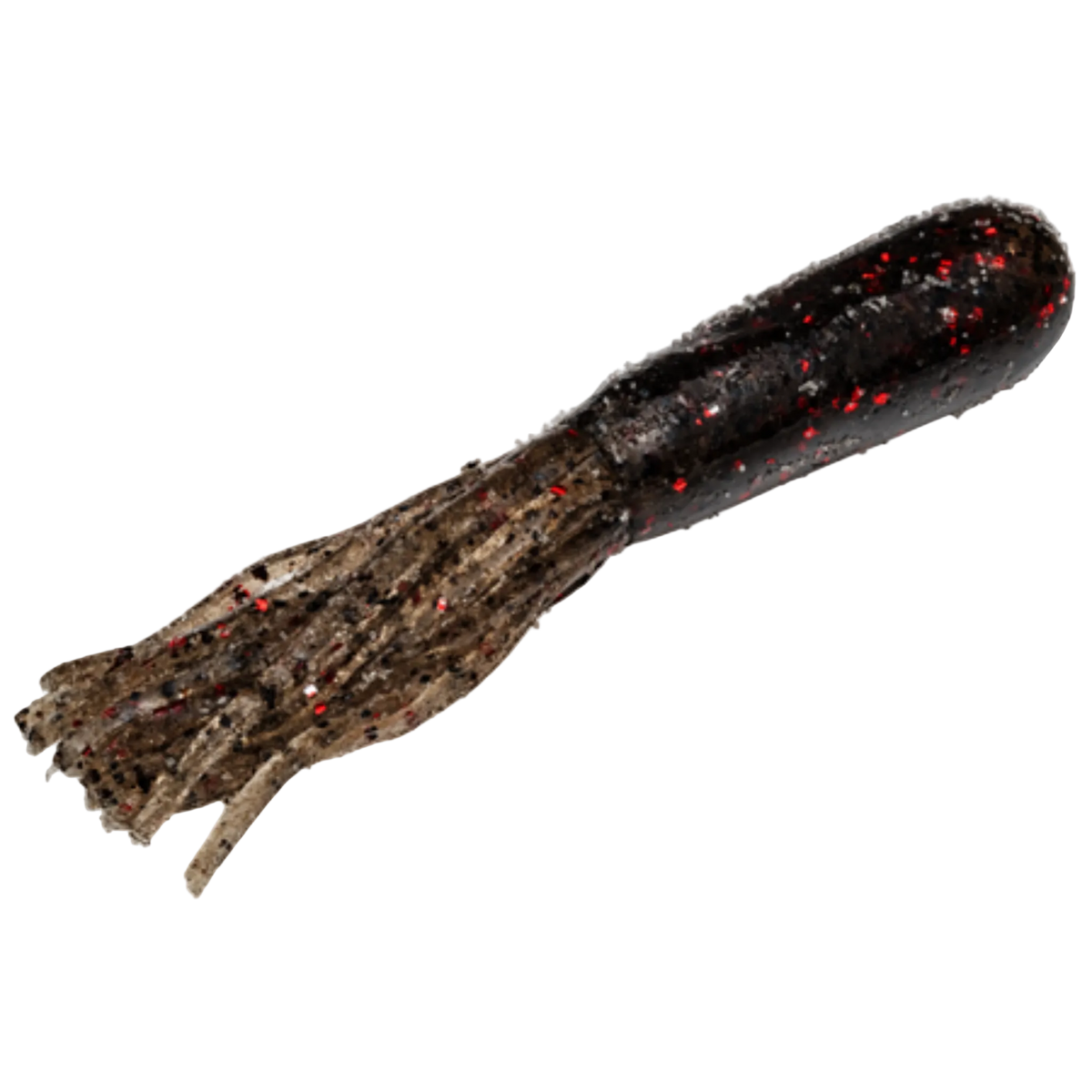 A soft plastic fishing lure shaped like a small squid or squid-like creature, with a dark black body, brown tentacles, and small red glitter flecks, shown on a plain white background.