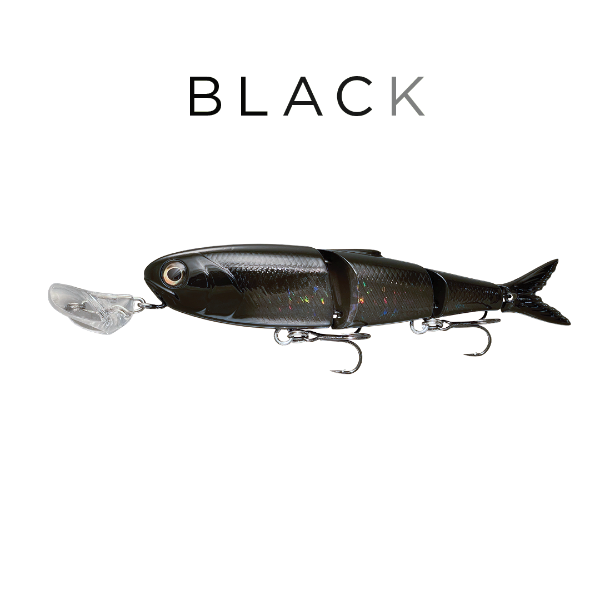 Black fishing lure on a white background with 'BLACK' text above it.