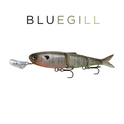 Fishing lure resembling a bluegill fish on a white background with 'BLUEGILL' text.
