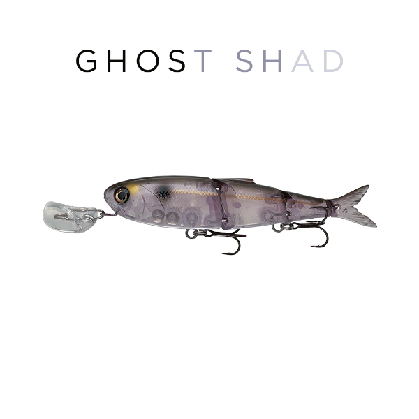 Ghost Shad fishing lure on a white background with 'Ghost Shad' text above it.
