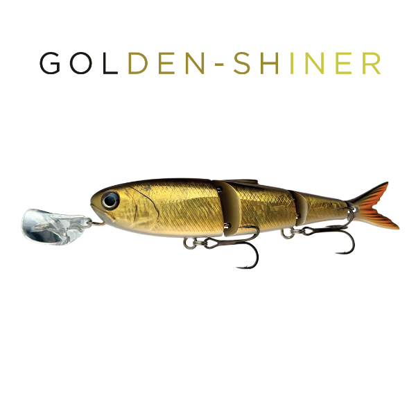 Fishing lure resembling a golden shiner on a white background with 'GOLDEN-SHINER' text.