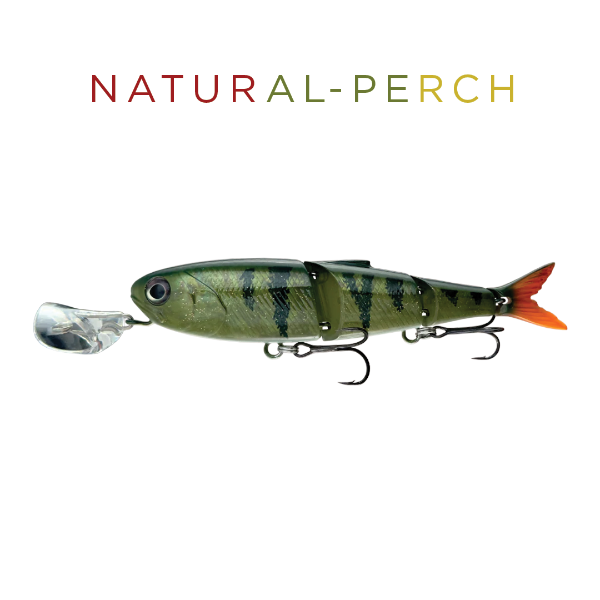 Fishing lure resembling a perch with 'NATURAL-PERCH' text above it on a white background.