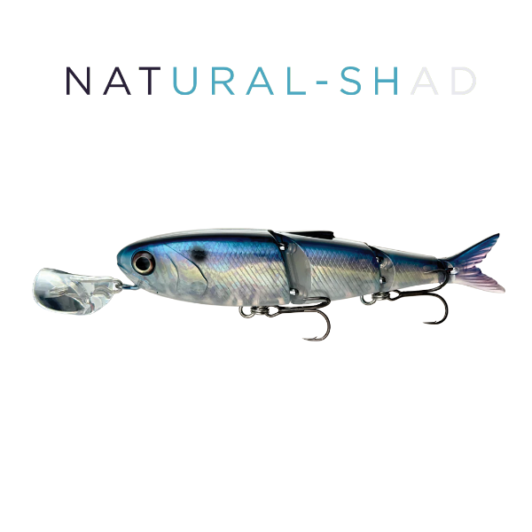 Fishing lure resembling a shad on a white background with 'NATURAL-SHAD' text.