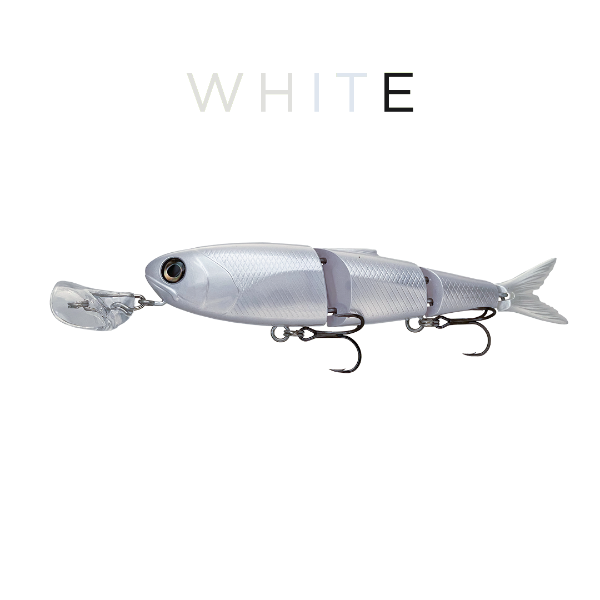 White fishing lure on a white background with 'WHITE' text.