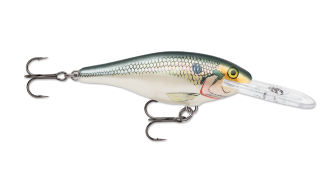 Realistic shad fishing lure with green back, silver scales, and two treble hooks.
