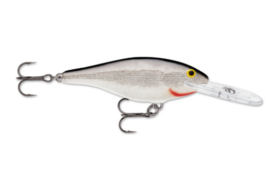Shiny silver fishing lure with black top, red mouth, yellow eyes, and clear lip.