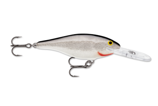 Silver fishing lure with black back, yellow eyes, red gills, and clear lip.