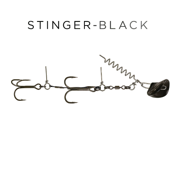 A fishing lure assembly labeled 'STINGER-BLACK' on a plain white background. The product features three dark metal hooks attached to a spring and a black spinner blade.