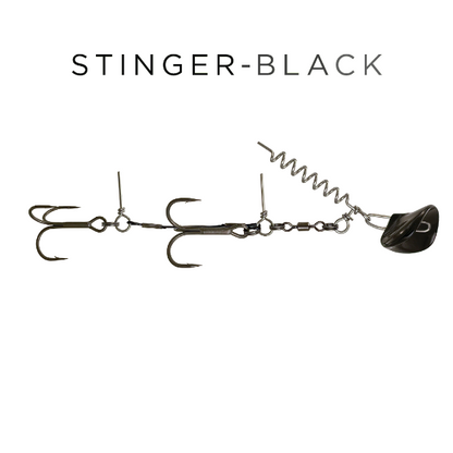 A fishing lure assembly labeled 'STINGER-BLACK' on a plain white background. The product features three dark metal hooks attached to a spring and a black spinner blade.