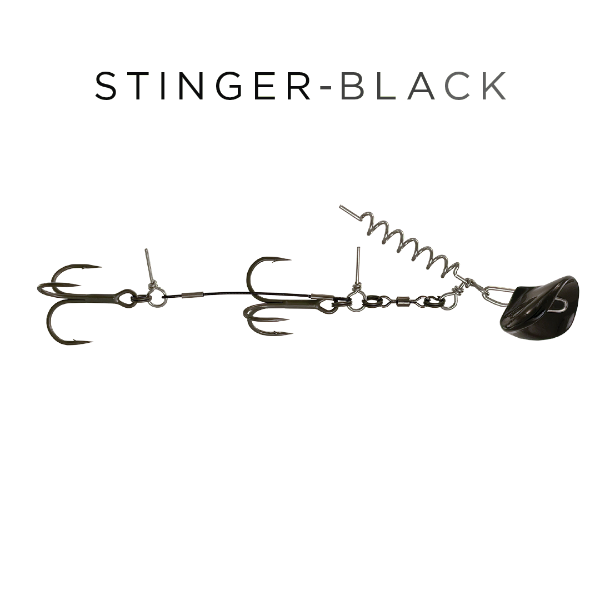 A fishing lure labeled 'STINGER-BLACK' on a plain white background. The lure has three dark treble hooks connected by a wire frame with a coiled spring and a black weighted tail.