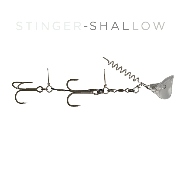 A fishing lure labeled 'STINGER-SHALLOW' on a plain white background. The lure has a metallic silver body with a coiled spring, a clear plastic diving bullet, and multiple treble hooks.