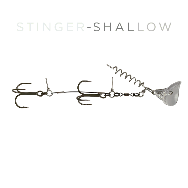 A fishing lure with three treble hooks, a coiled spring, and a clear plastic diving blade, shown on a white background with the text 'STINGER-SHALLOW' above it.