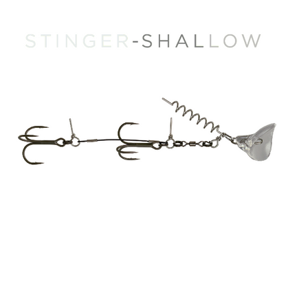 A fishing lure with three treble hooks, a coiled spring, and a clear plastic diving blade, shown on a white background with the text 'STINGER-SHALLOW' above it.