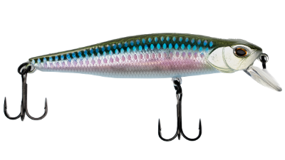 Fishing lure with metallic body and treble hooks on a white background