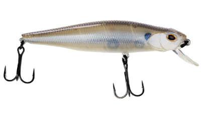 Fishing lure with a white and brown body on a white background