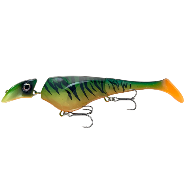Fishing lure with a green and orange body on a white background