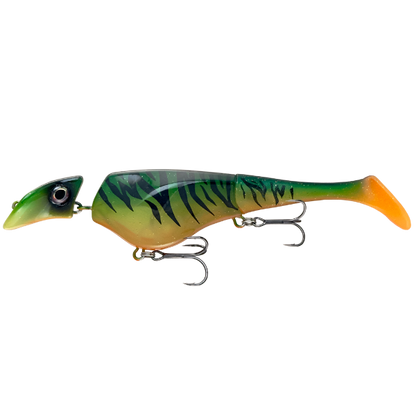 Fishing lure with a green and orange body on a white background
