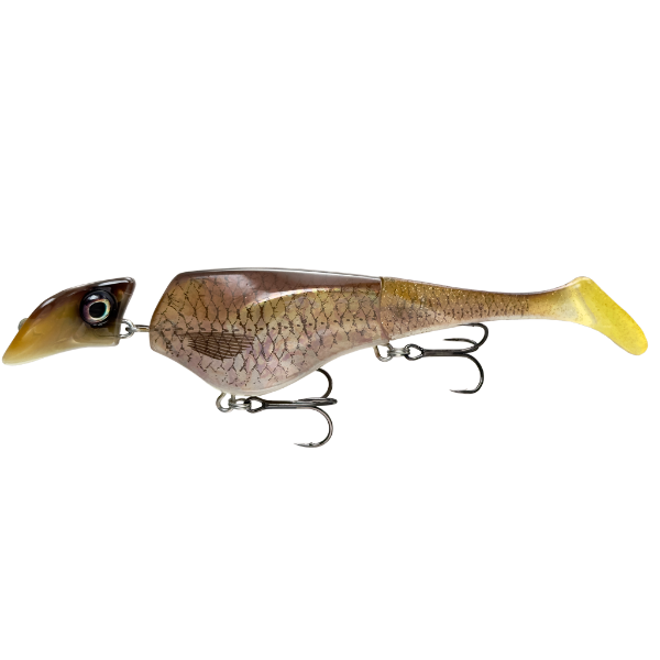 Fishing lure with a detailed body and treble hooks on a white background