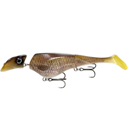 Fishing lure with a detailed body and treble hooks on a white background