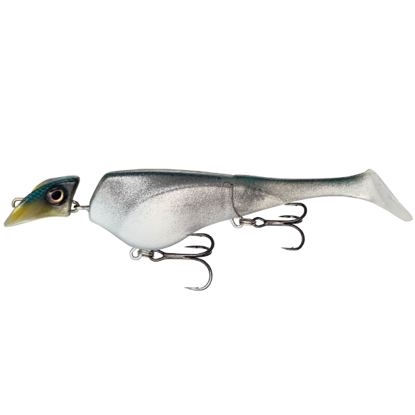 Fishing lure with a silver and green body on a white background