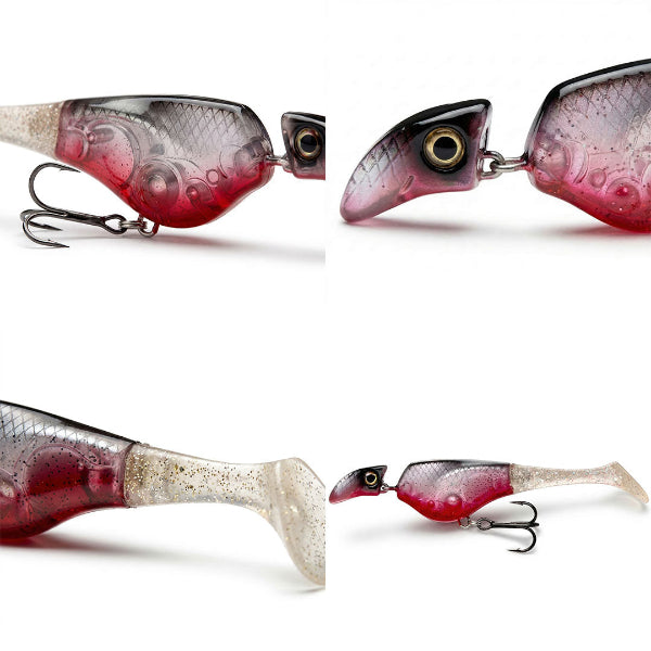 Fishing lures with red and silver design on a white background