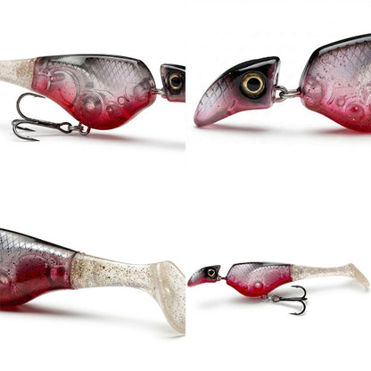 Fishing lures with red and silver design on a white background
